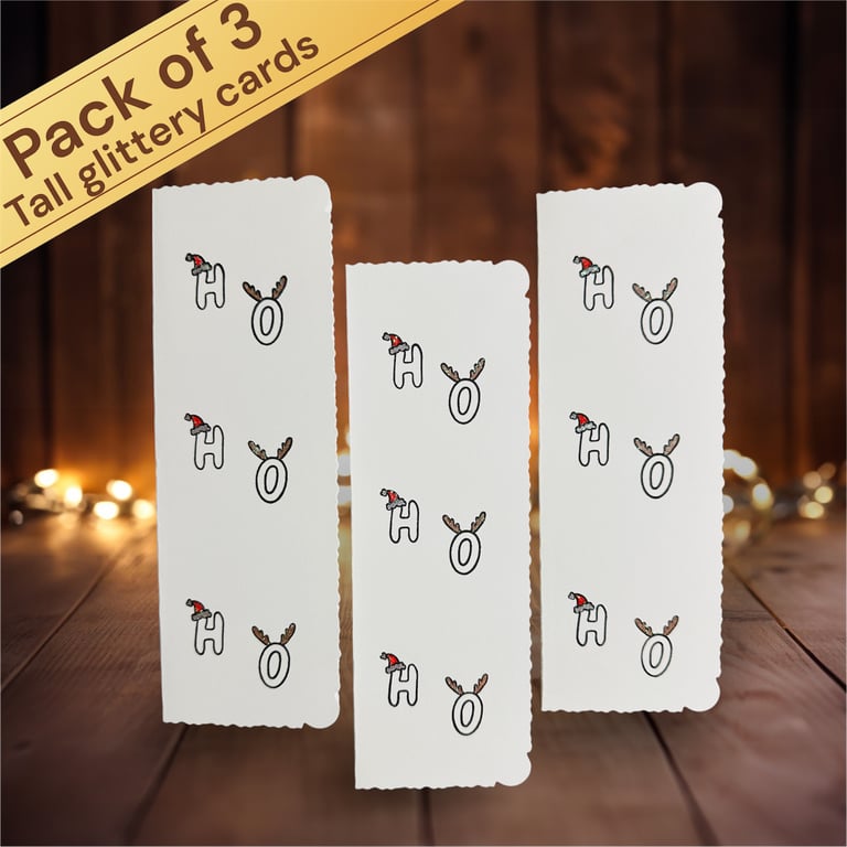 Packs of 3 Christmas cards, glittery, hand printed & painted. Santa, Rudolph. 