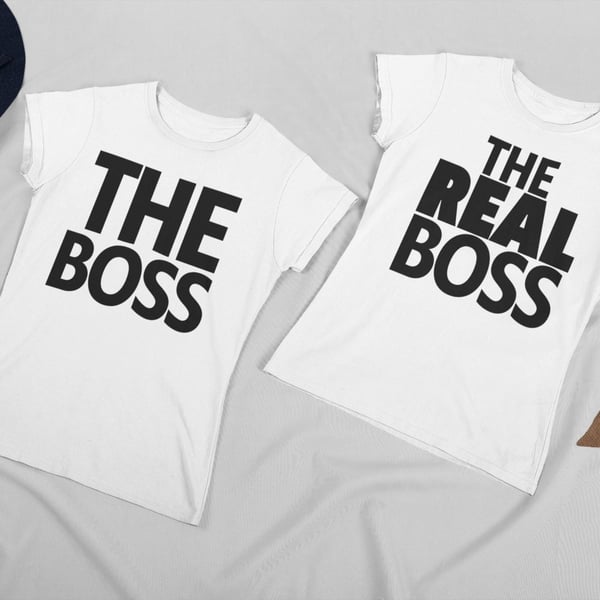 The Boss The Real Boss Couple T Shirt Set Funny Couple Gift Matching T Shirts 