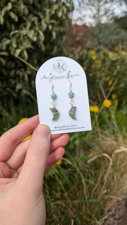 Labradorite and Amazonite Celestial Moon and Star Silver Earrings