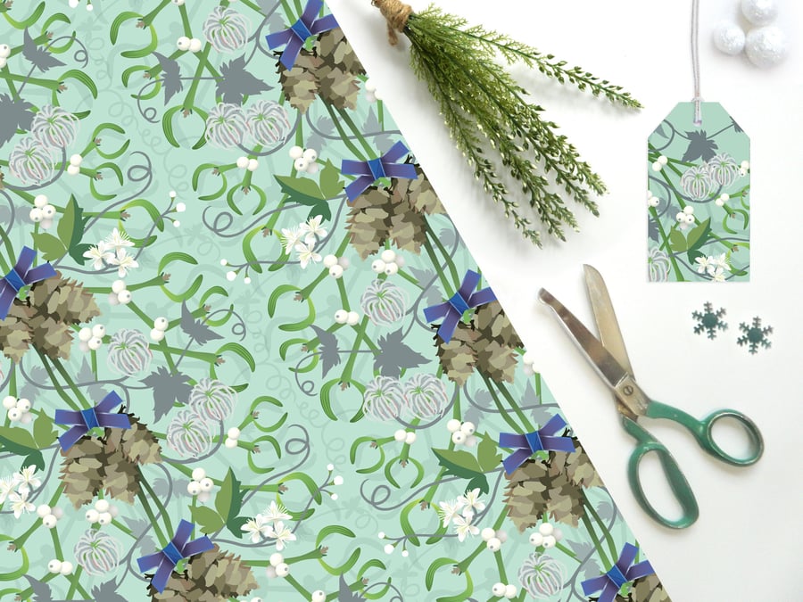 Mistletoe Christmas Gift Wrap - Eco Friendly, Compostable Paper