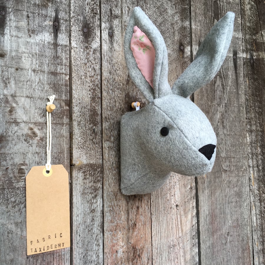 Wall mounted Rabbit head - Grey with pink, floral patterned ears.