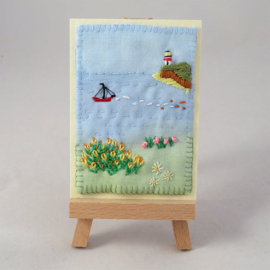 ACEO Summer Seaside Scene embroidered and painted