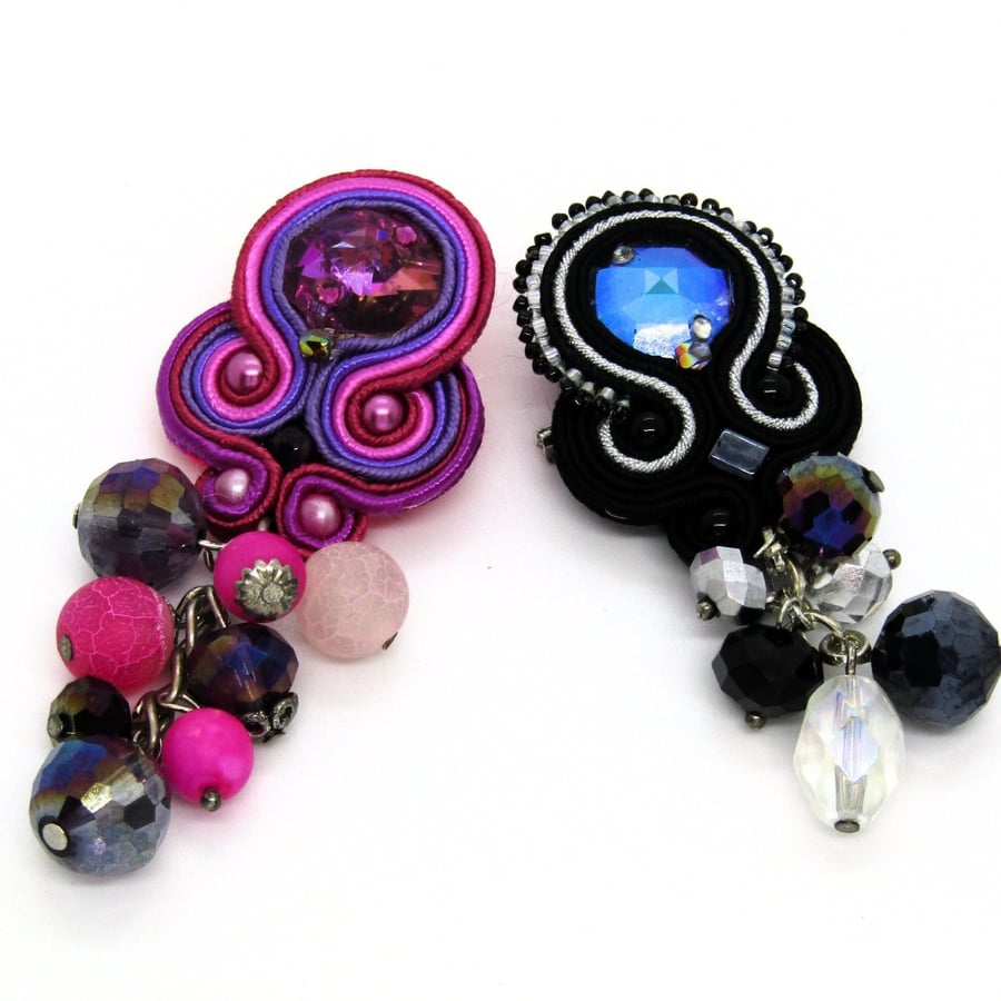 Soutache Brooch Crystal Dangle Pink Purple or Black Silver Handmade