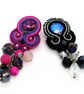 Soutache Brooch Crystal Dangle Pink Purple or Black Silver Handmade