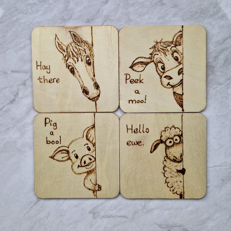 Cute animal hand burnt wooden coasters