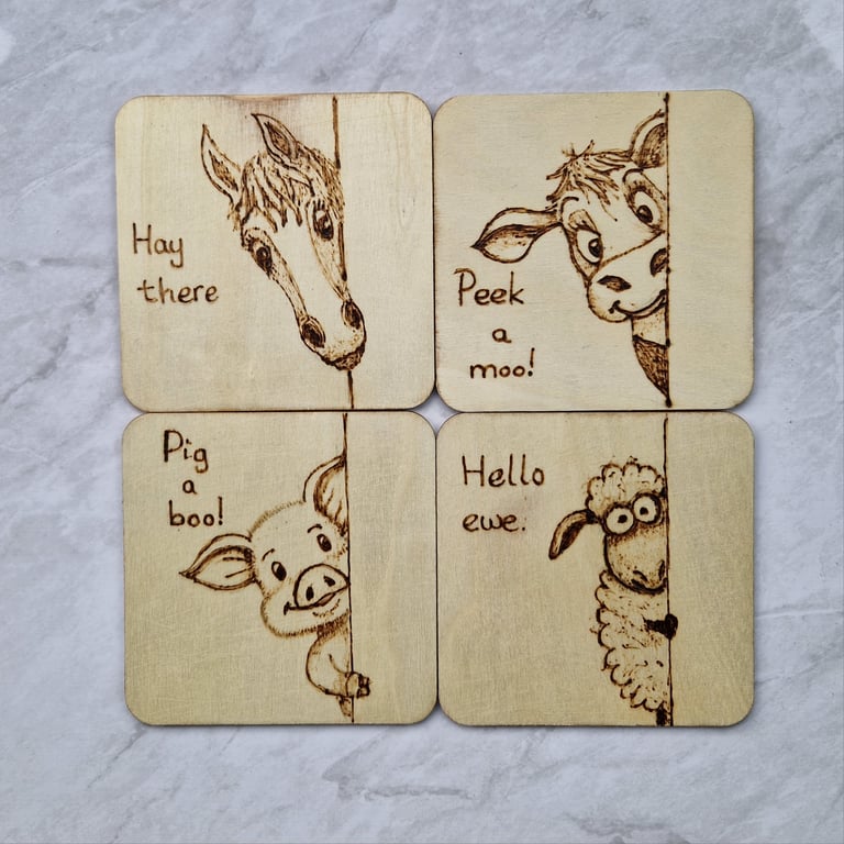 Cute animal hand burnt wooden coasters
