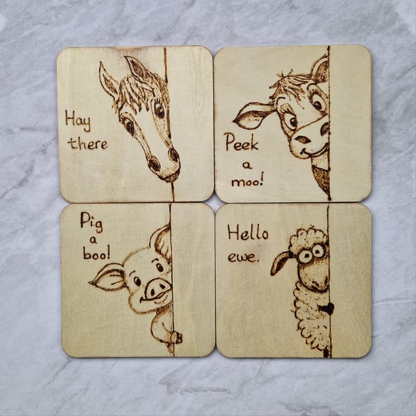 Cute animal hand burnt wooden coasters