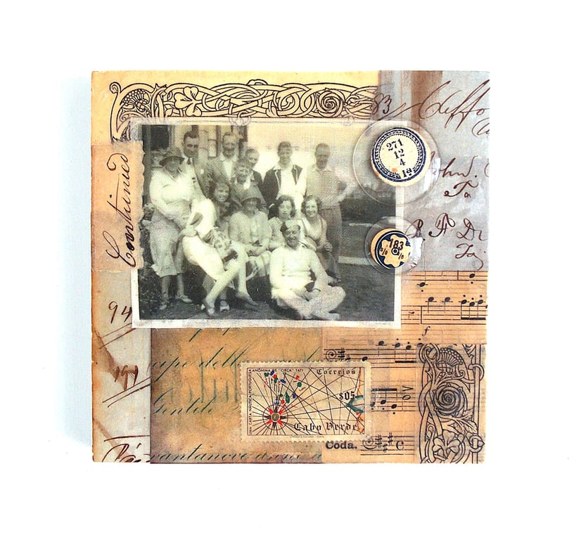 An Original Paper and Fabric Collage on Cradled Wood Panel, 12x12cms (187)