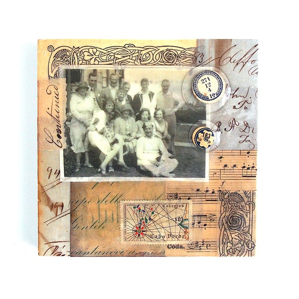 An Original Paper and Fabric Collage on Cradled Wood Panel, 12x12cms (187)