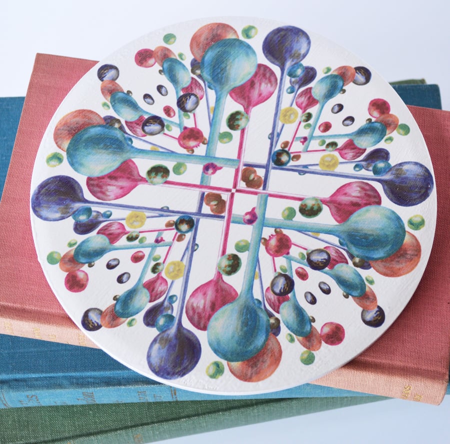 Bubble Pattern Round Ceramic Tile Trivet in Rainbow Colours with Cork Backing