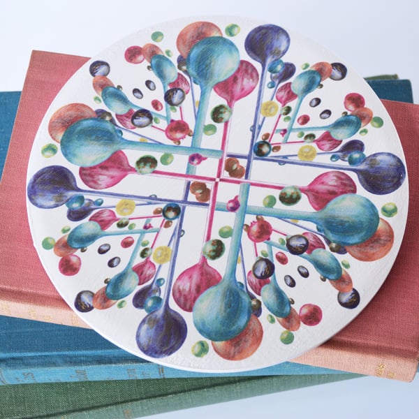 Bubble Pattern Round Ceramic Tile Trivet in Rainbow Colours with Cork Backing