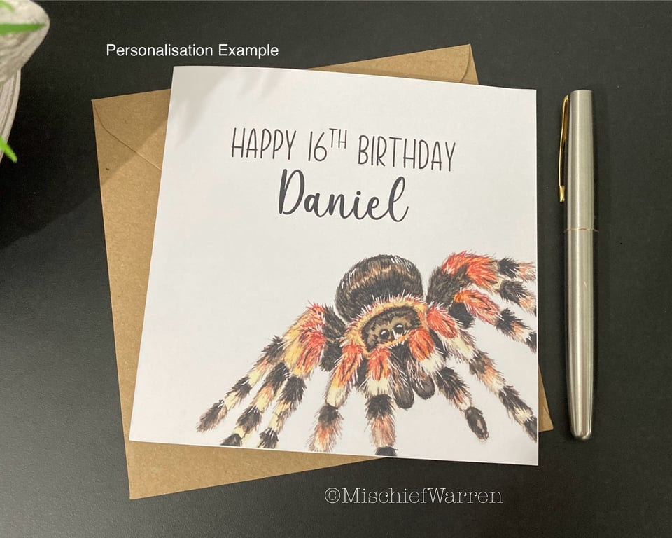 Tarantula Spider Card; Birthday, Personalised or Blank. Mexican Red Knee.