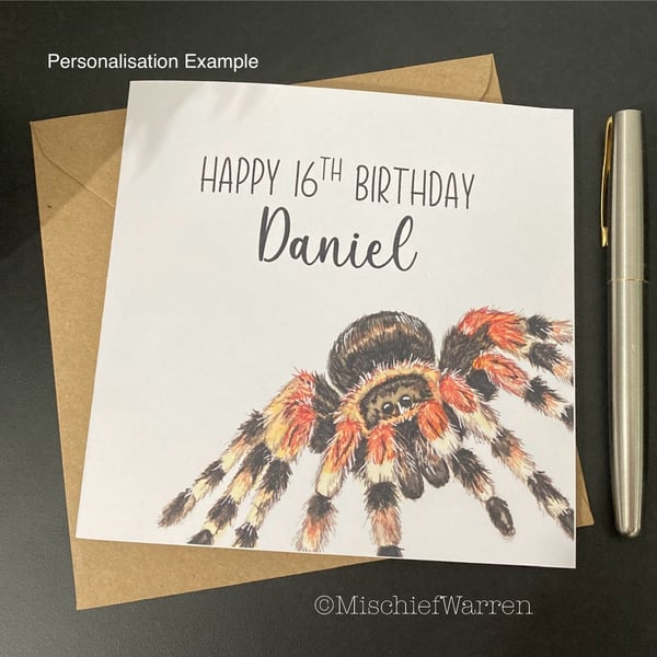 Tarantula Spider Card; Birthday, Personalised or Blank. Mexican Red Knee.