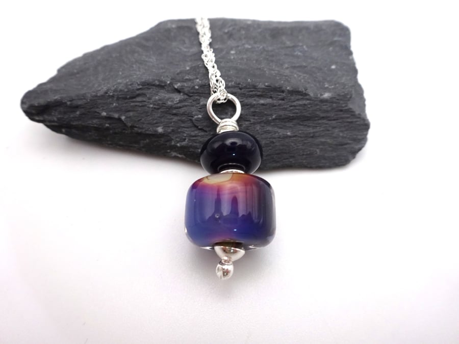dark purple lampwork glass pendant necklace, sterling silver chain