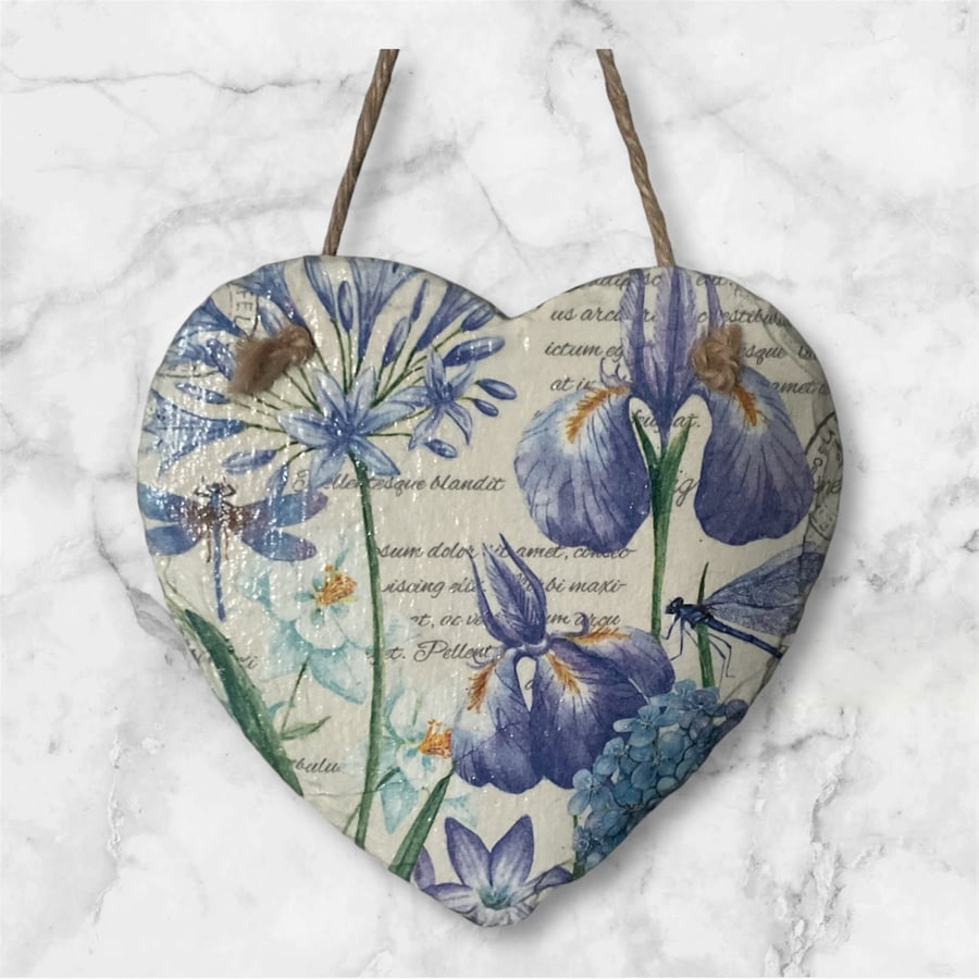 Slate Heart. Decoupaged. Iris. Dragonfly. Floral.