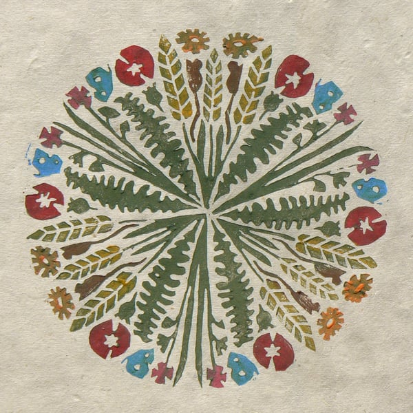 mandala 3, poppies, corn and mice linocut print