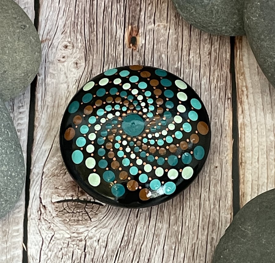 Blue Copper Mandala Painted Rock Art Stone Acrylic Art Painting Hand Painted 