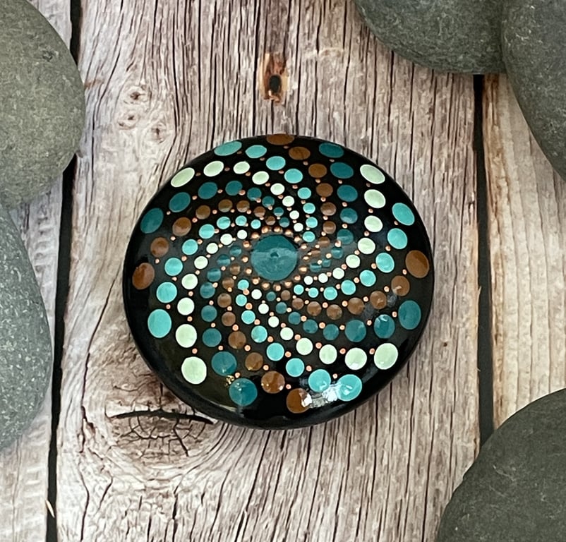 Blue Copper Mandala Painted Rock Art Stone Acrylic Art Painting Hand Painted 