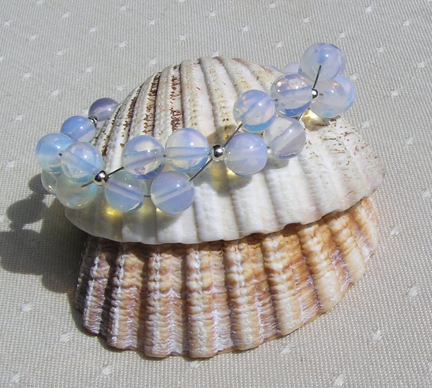 Opalite Crystal Gemstone Beaded Bracelet "White Rose" Free UK Postage
