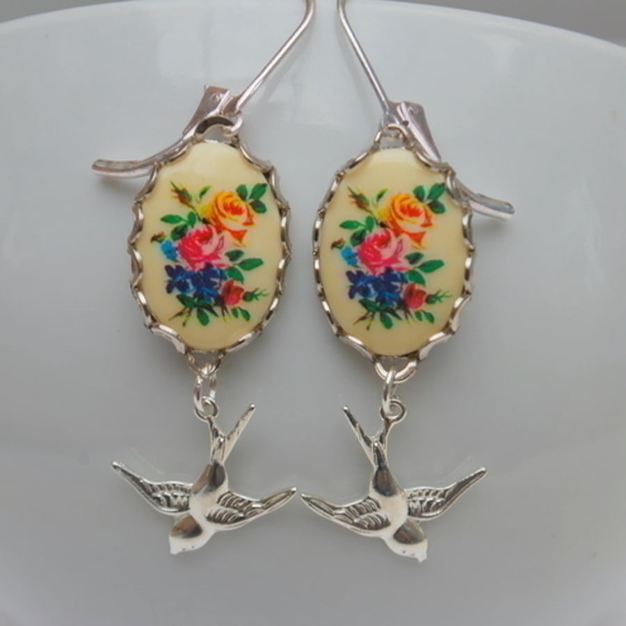 Floral Cabochon Bird Earrings