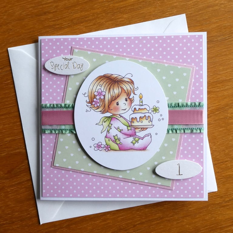First Birthday Card - Little Girl With Cake