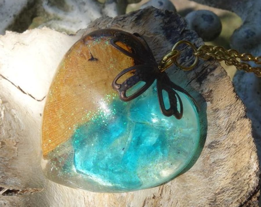 Wood and Resin Necklace, Aqua Blue Sea Glass Heart Pendant 