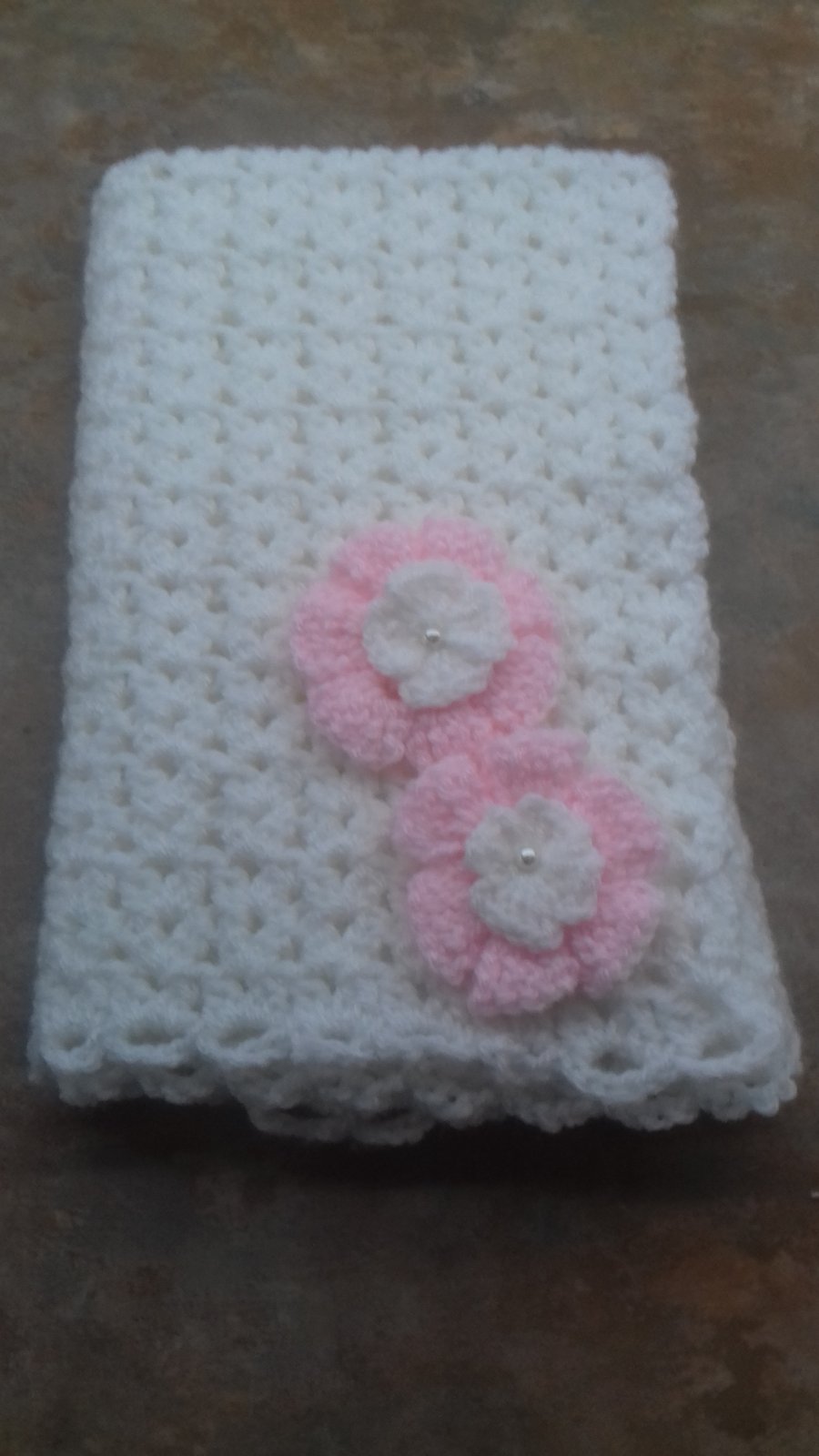 Baby girl  white crocheted  blanket with pink  flowers