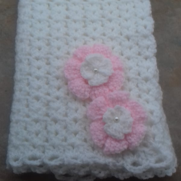 Baby girl  white crocheted  blanket with pink  flowers