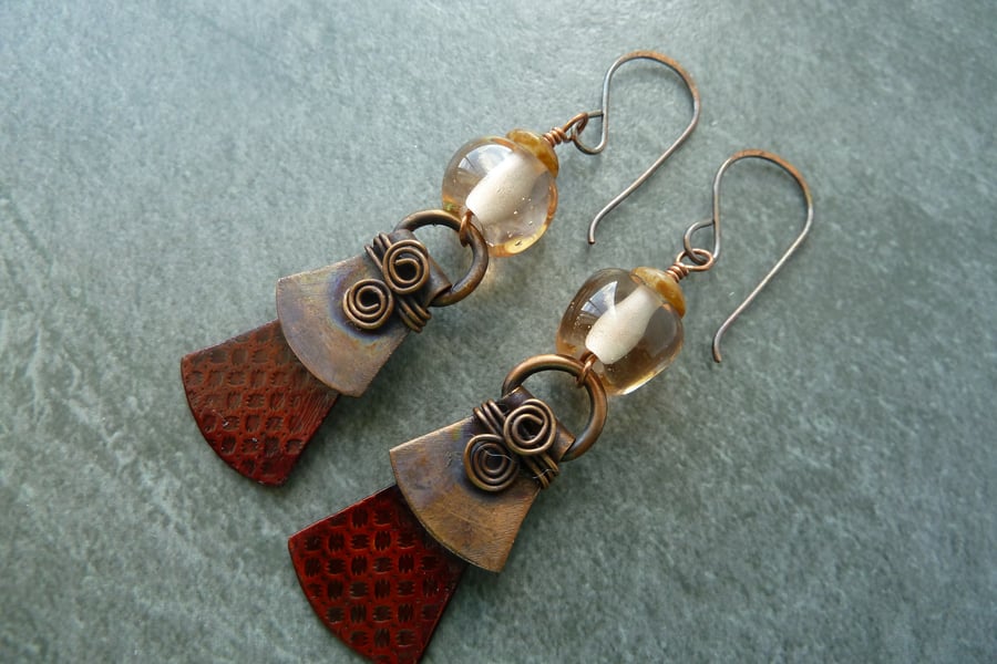 copper and peach lampwork earrings