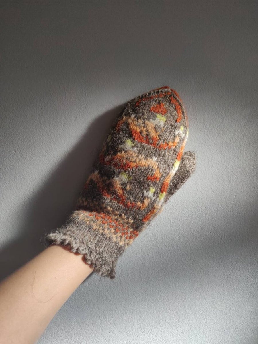 Hand knit wool mittens in grey brown white yellow fairisle pattern