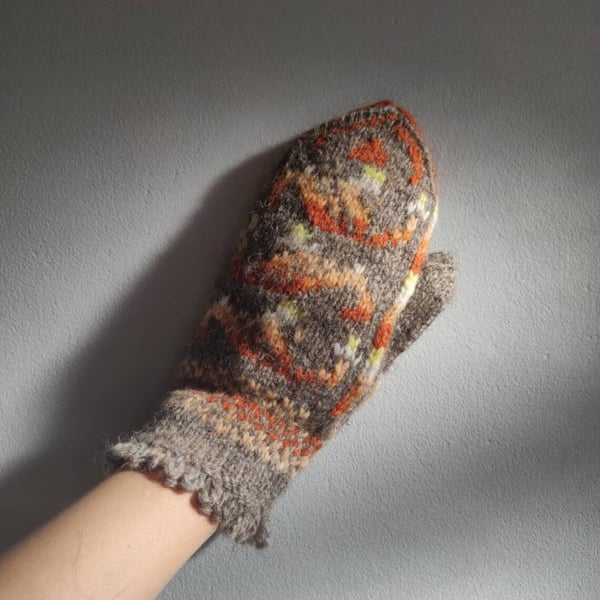 Hand knit wool mittens in grey brown white yellow fairisle pattern