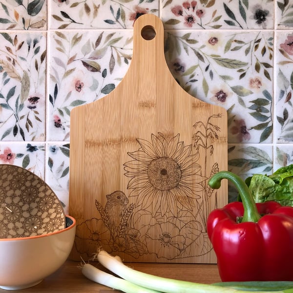 Bamboo wooden sunflower chopping board laser engraved with original artwork