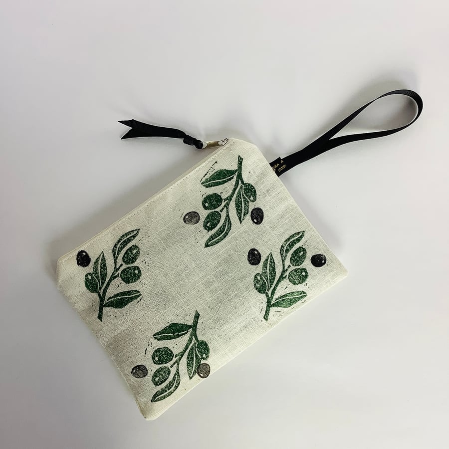 Mediterranean Olives Print Linen Zip-Up Pouch; Makeup Bag; Hand printed Purse 