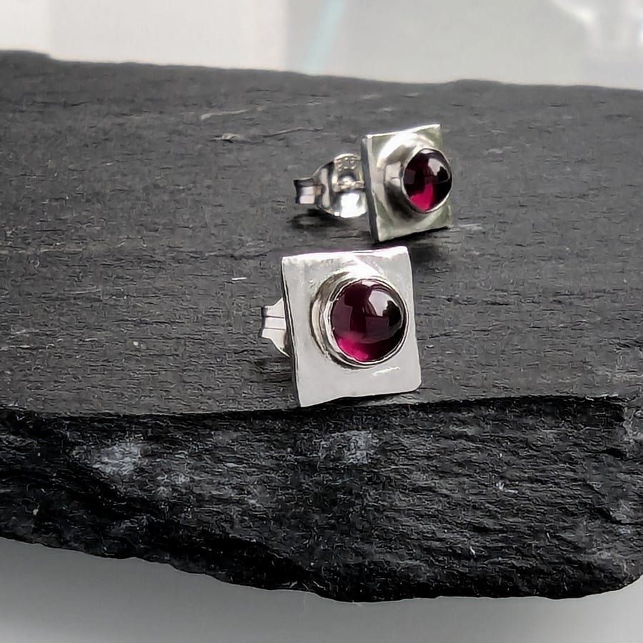 Sterling Silver Garnet Stud Earrings, Handmade Urban Jewellery Design