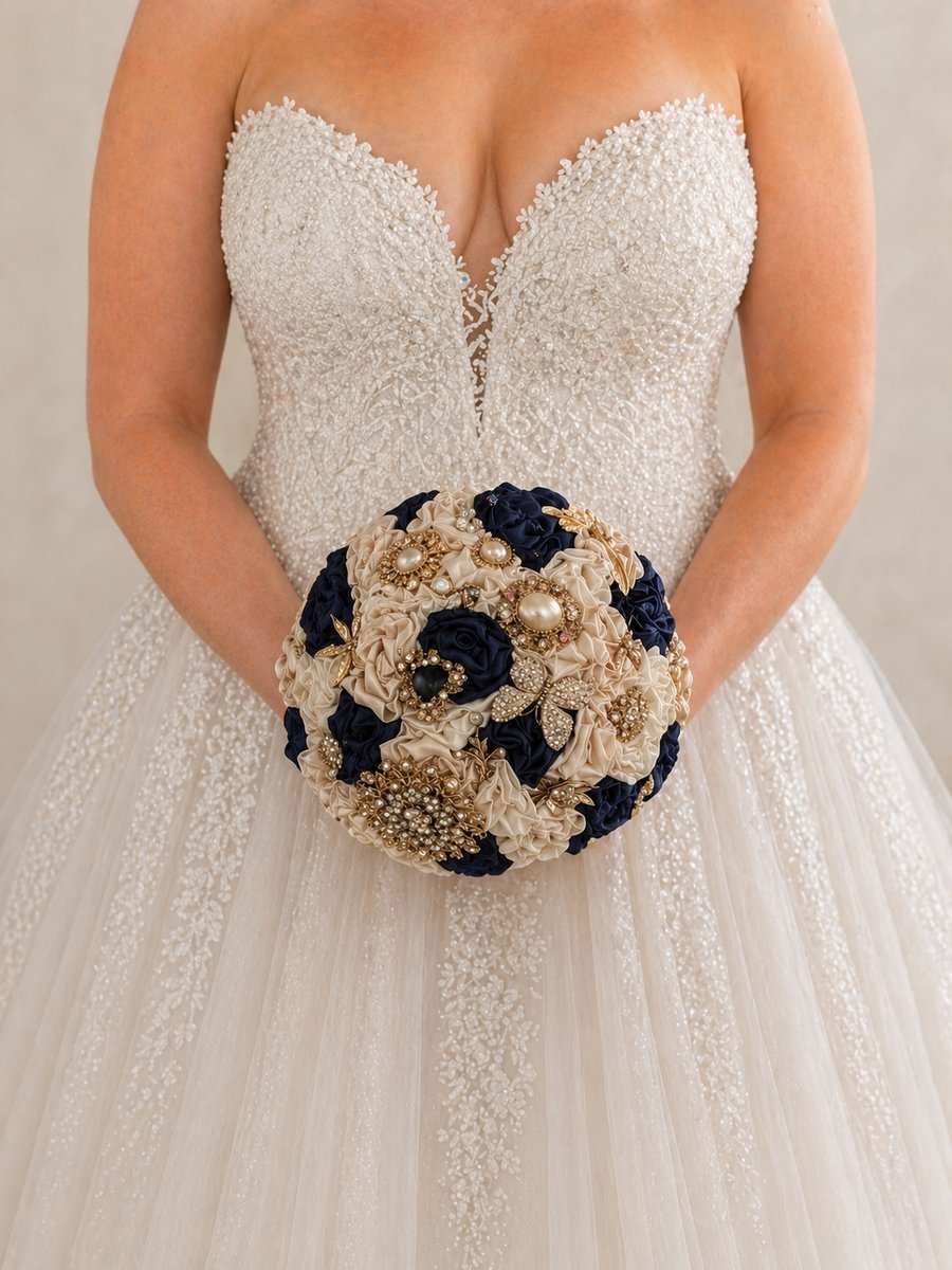 Navy, Blush Pink & Ivory Fabric Flower Bridal Bouquet – Ready to Ship