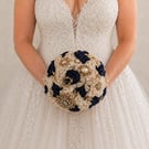 Navy, Blush Pink & Ivory Fabric Flower Bridal Bouquet – Ready to Ship