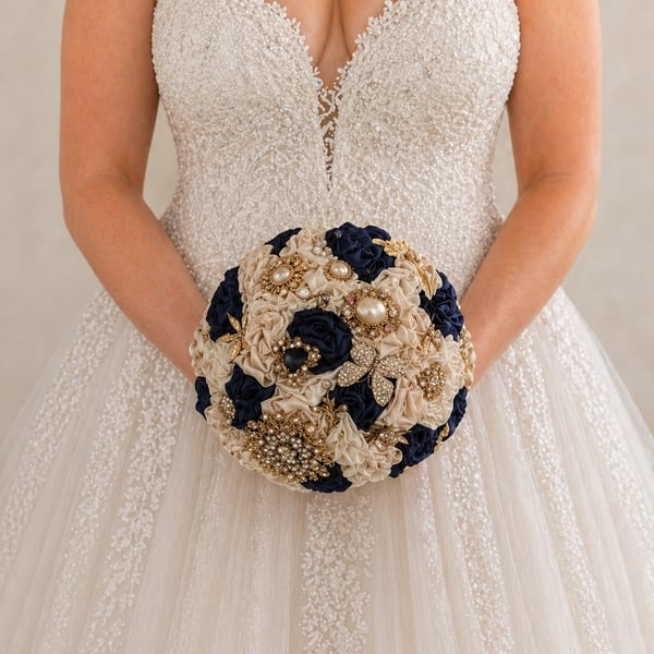 Navy, Blush Pink & Ivory Fabric Flower Bridal Bouquet – Ready to Ship