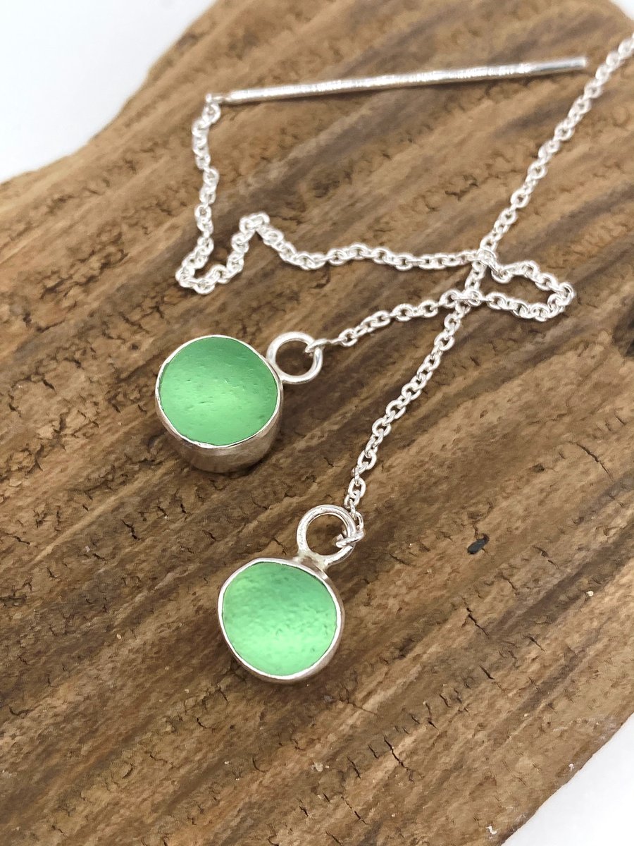 Glowy Green Sea Glass Threader Earrings