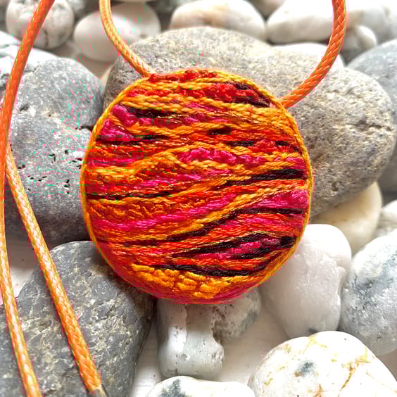 Warm autumnal colours, hand embroidered pendant 