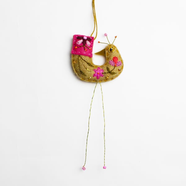 Marzipan coloured felt hanging bird ornament with folk embroidery