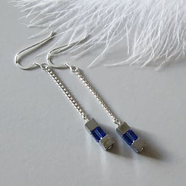 Silver Hematite, Sapphire Blue Swarovski Crystals & S Silver Chain Drop Earrings