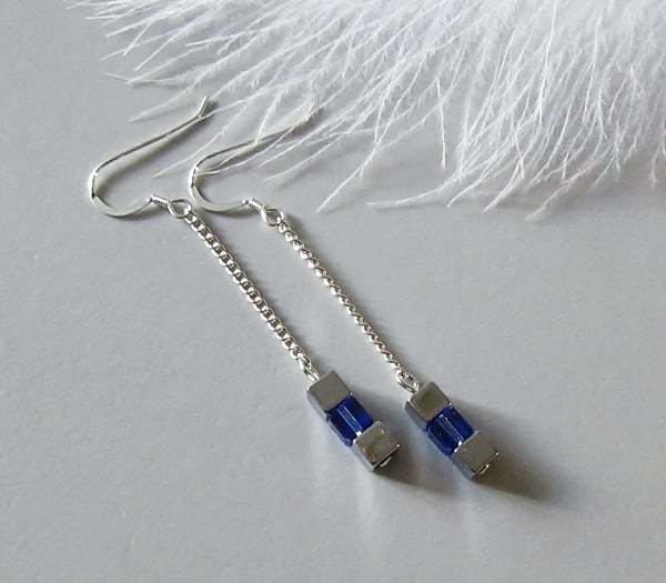 Silver Hematite, Sapphire Blue Swarovski Crystals & S Silver Chain Drop Earrings