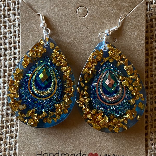 Pair of Handmade Teardrop Shaped Peacock Feather Design Earrings.