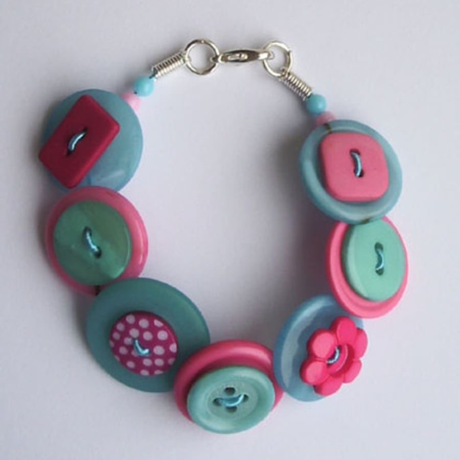 Pink, turquoise and aqua button bracelet