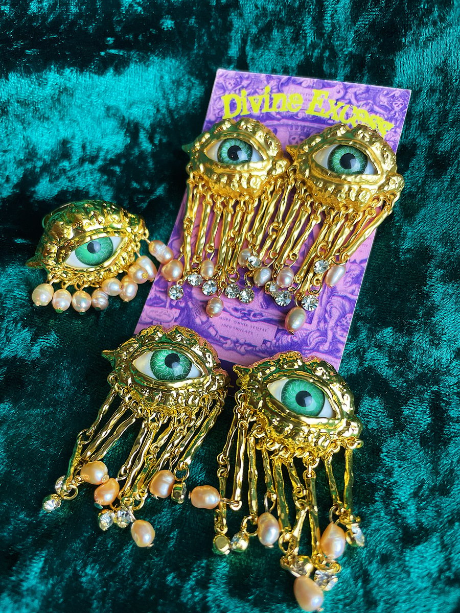 Gold Pearl All Seeing Eye Earrings 