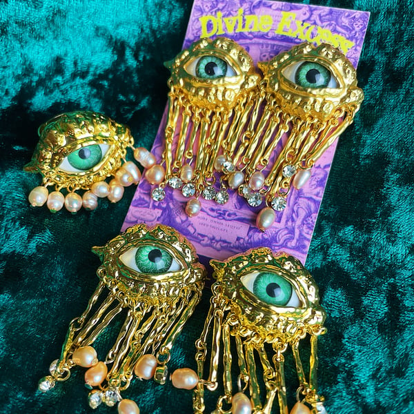 Gold Pearl All Seeing Eye Earrings 