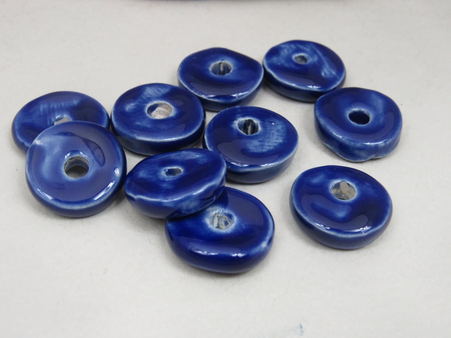 10 Medium Cobalt Blue Glazed Ceramic Washer Beads