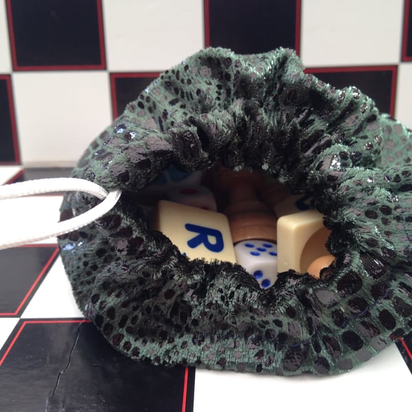 Dice Bag, Games Accessories, Chess, Cards, in Green Snakeskin Effect Velour 