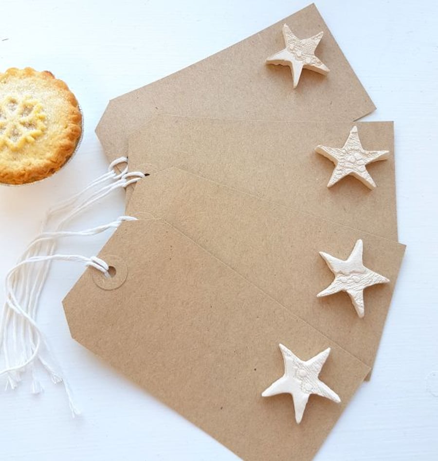 Rustic Brown Gift Tags with White Lace Ceramic Stars