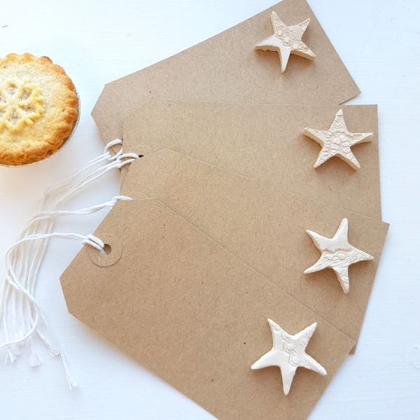Rustic Brown Gift Tags with White Lace Ceramic Stars